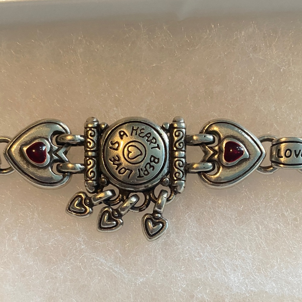 Brighton Silver-Tone Heart Charm Bracelet with Red Accents